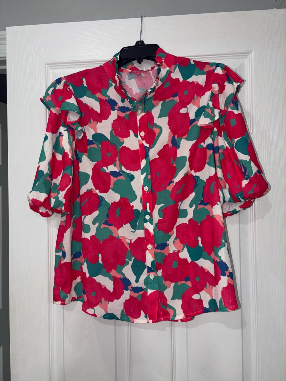 Flying Tomato Pink & Green Floral Button-Up Ruffle Sleeve Blouse
